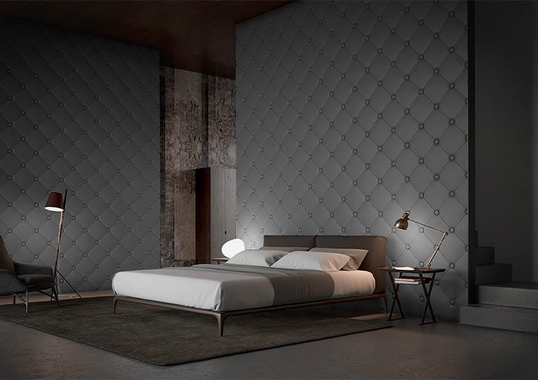 Chambre à coucher moderne avec un dos de lit en pierre reconstituée couleur gris acl capitoné