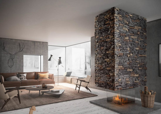 Salon moderne avec cheminée en pierre reconstituée acl luna anthracite