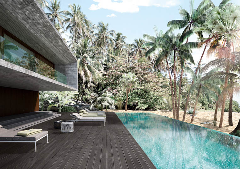 Terasse extérieure avec piscine et un sol imitation bois couleur anthracite acl madeira deck striped