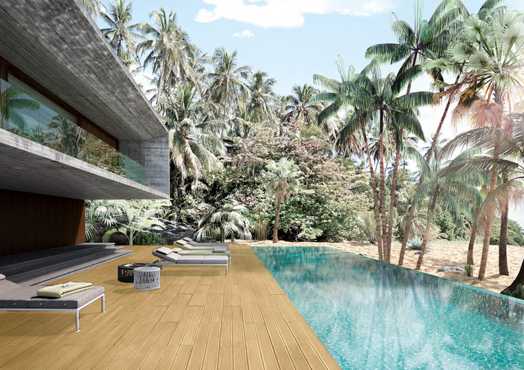 Terasse extérieure avec piscine et un sol imitation bois couleur sable acl madeira deck striped