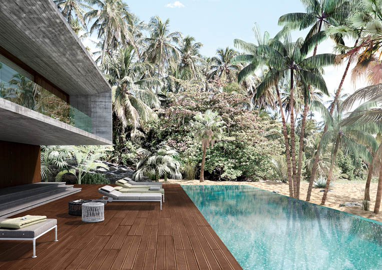 Terasse extérieure avec piscine et un sol imitation bois couleur café foncé acl madeira deck striped