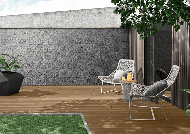 Terasse extérieure de jardin avec un sol imitation bois couleur café acl madeira deck striped